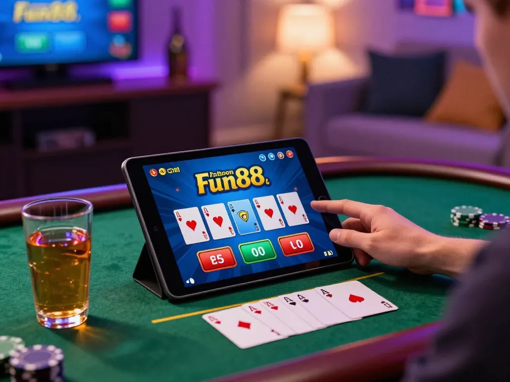 Engaging in live blackjack on Fun88 com with a tablet in a cozy environment.