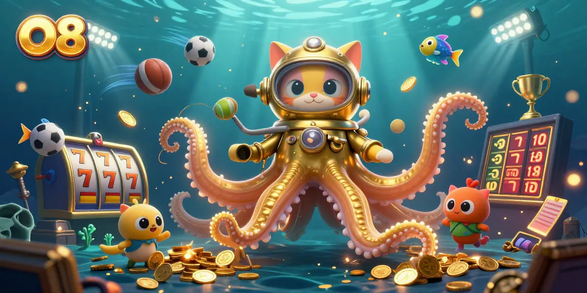 O8 brings winning strategies to life in a vibrant, 3D casino scene with a kraken and sports elements.
