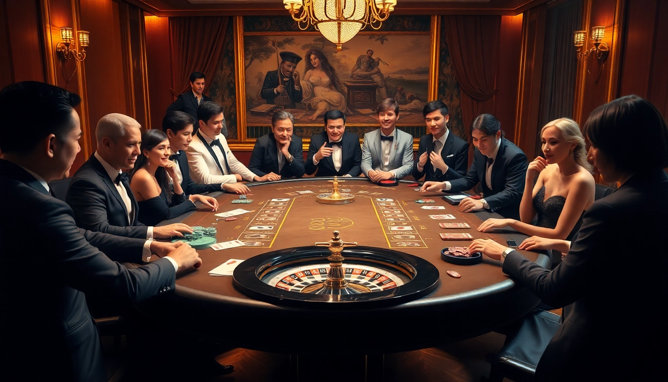 Engage in exciting gameplay at the SKY88 casino table surrounded by vibrant casino elements.