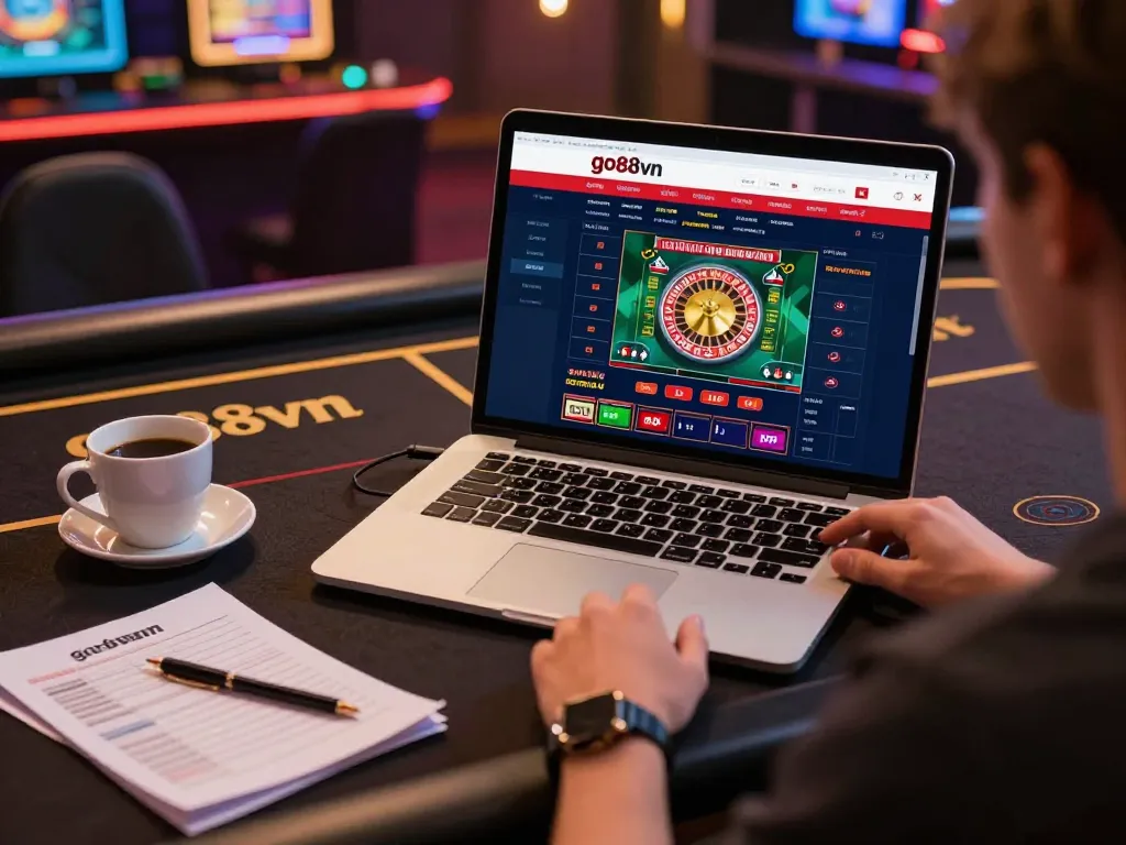 Engaging with go88vn online roulette game on stylish gaming setup, showcasing strategy notes and focused atmosphere