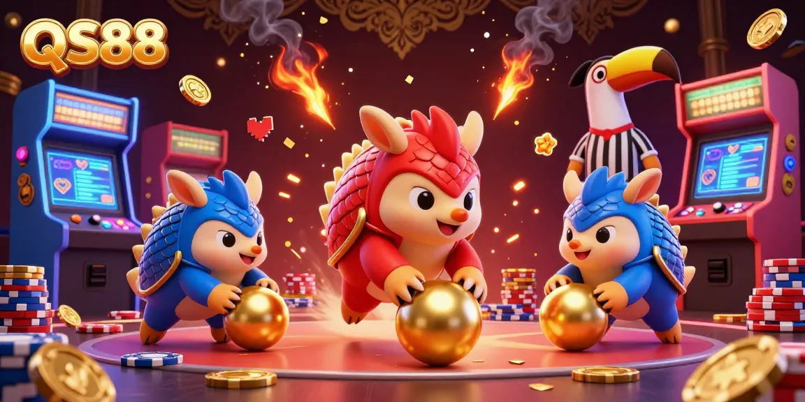 Experience the excitement of QS88 with a dynamic cartoon scene featuring rival pangolins and casino elements.