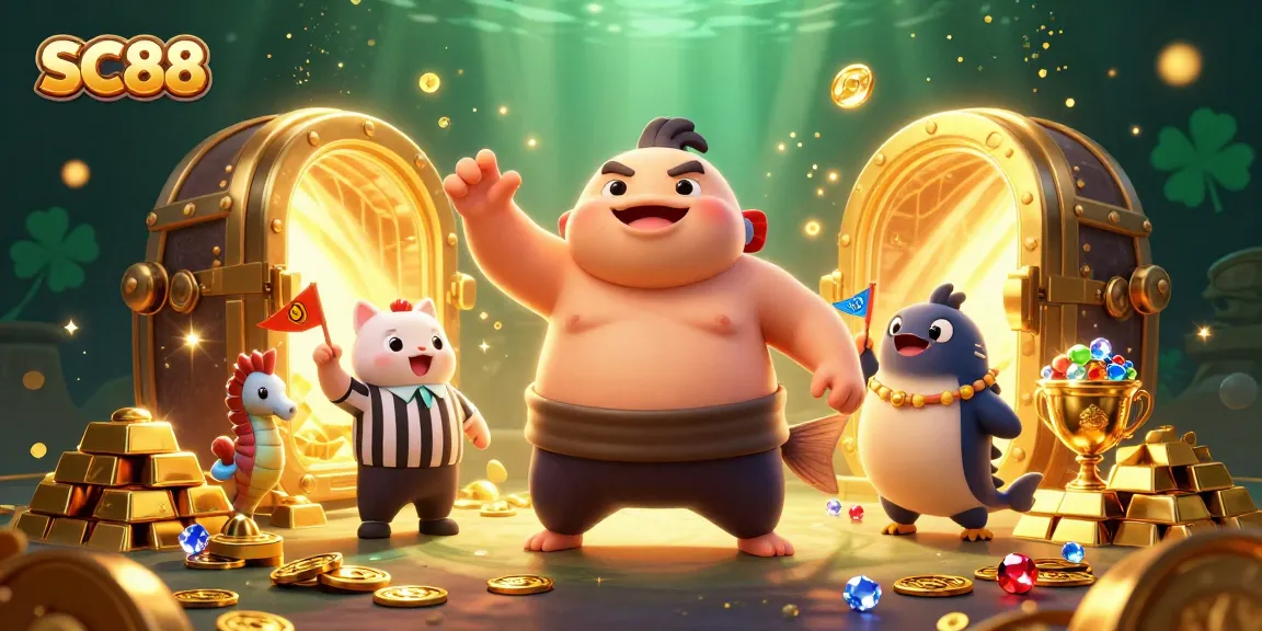 SC88 delights with a festive underwater scene featuring a sumo fugu, catfish referee, and sparkling treasures.