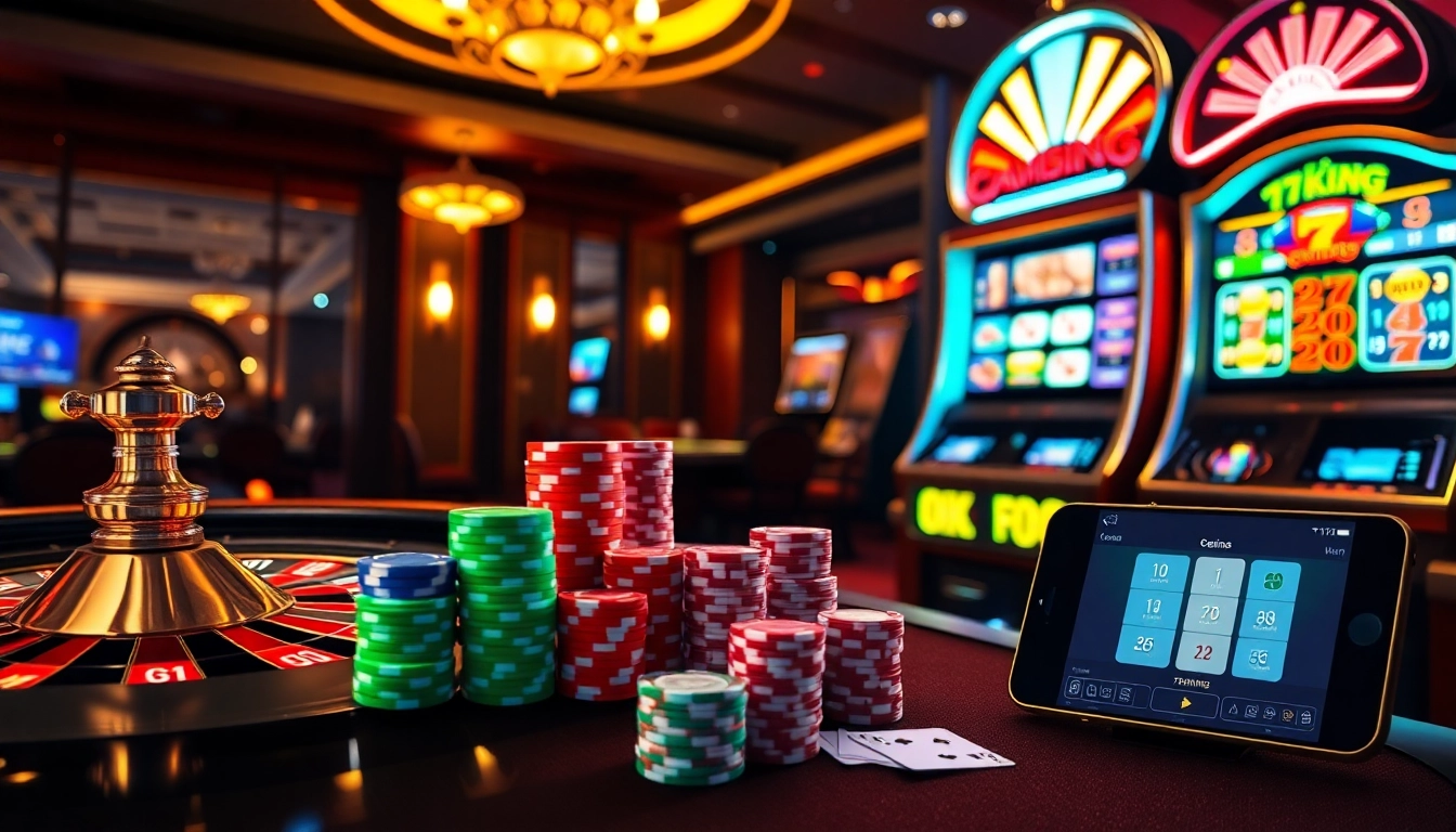 The vibrant 79KING online casino scene showcasing poker chips, a roulette wheel, and the app interface.
