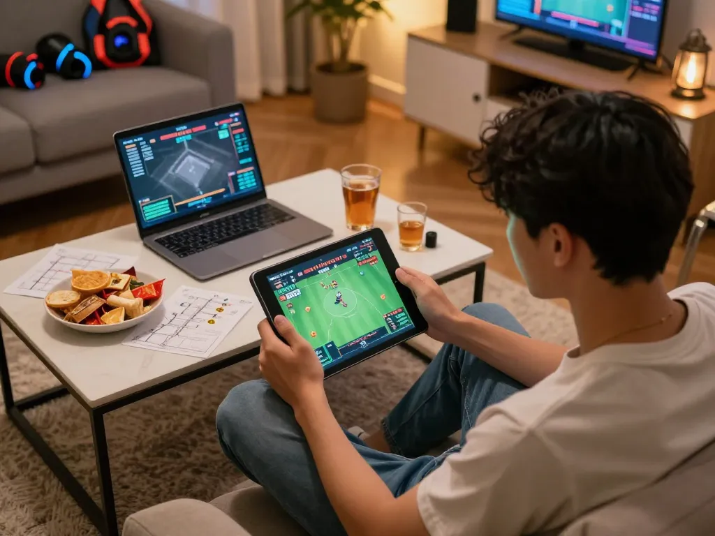 Engaging in trực tiếp đá gà live matches on tablet in a cozy home environment, focusing on strategic betting.