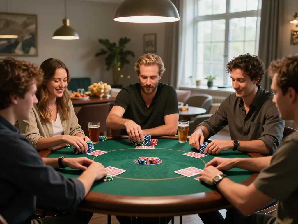 Friends enjoying a Texas Hold'em game at B52 CLUB poker night with vibrant atmosphere.