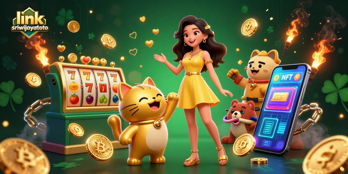 Engage in thrilling gaming action with link sriwijayatoto, featuring vibrant symbols, a cheerful character, and rich casino elements.