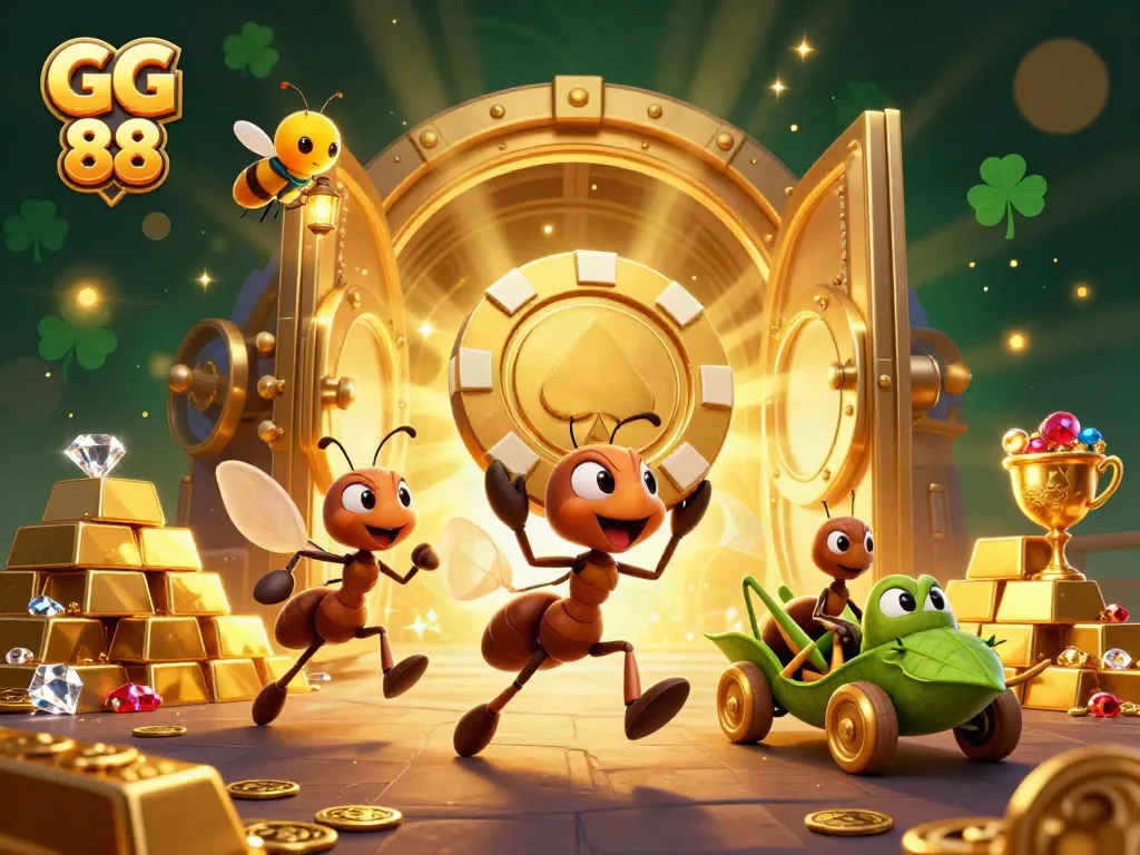Join the ants of GG 88 in a thrilling heist for poker chips and treasure amidst a dazzling casino backdrop!