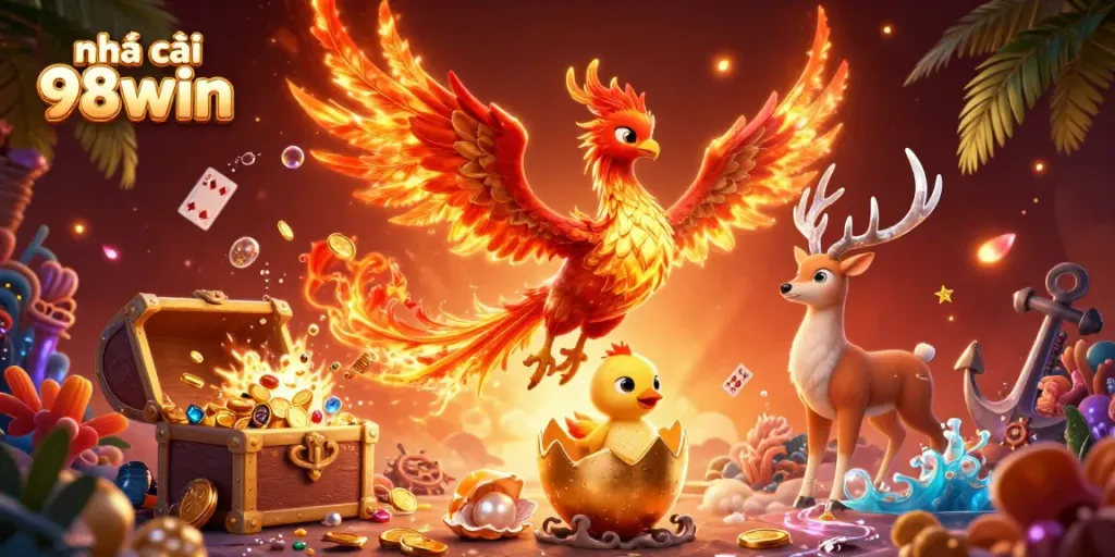 Engage with thrilling gaming at nhà cái 98win, highlighted by a fiery phoenix and mystical stag.