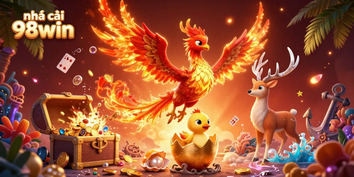 Engage with thrilling gaming at nhà cái 98win, highlighted by a fiery phoenix and mystical stag.