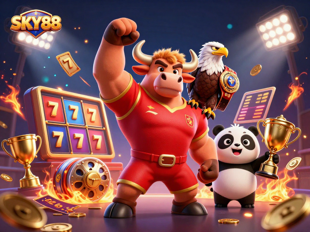 Experience thrilling wins with SKY88's carnival of games in this vibrant 3D casino illustration.