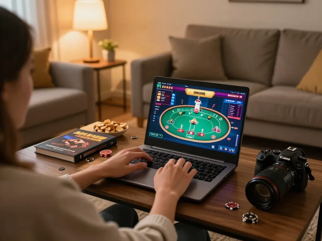 Player engaging with the DA88 online casino interface on a laptop at home, showcasing a strategic gaming moment.