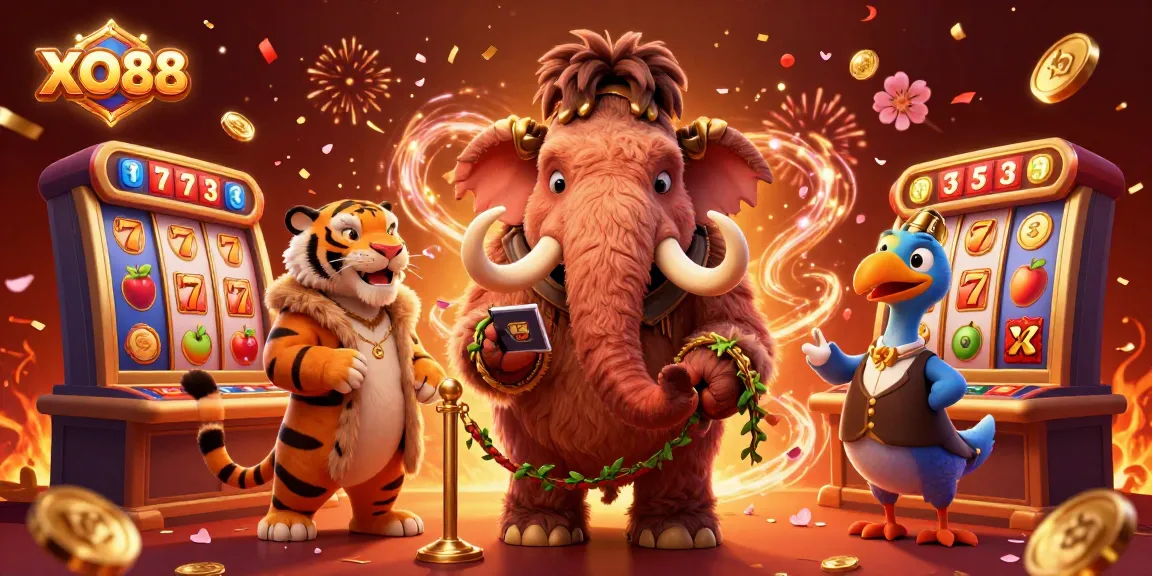 Experience the excitement of XO88 with vibrant slots and lively characters in a dynamic casino scene.