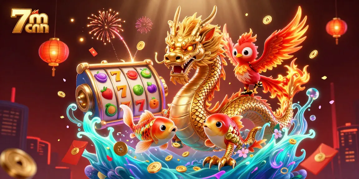 Spin 7m cnn's slot reels with a golden dragon, phoenix, and leaping koi fish amidst swirling coins.