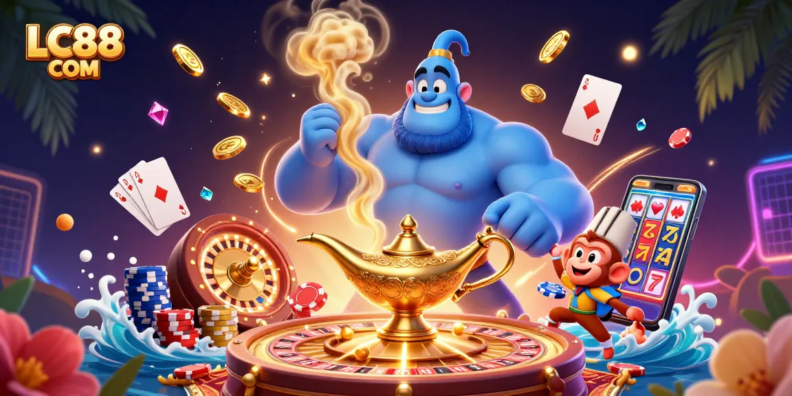 Experience excitement with LC88 COM in a vibrant, action-packed casino scene showcasing a genie and poker elements.