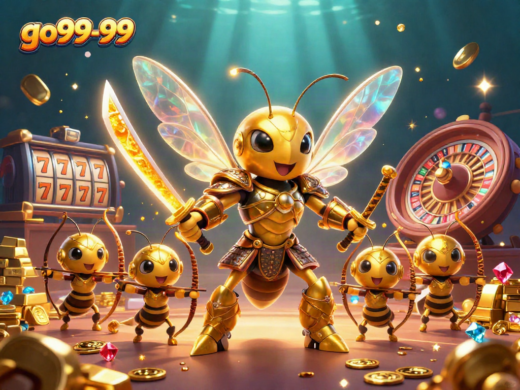Engage in thrilling casino action with go99-99, showcasing vibrant slot reels, roulette wheel, and dynamic characters.