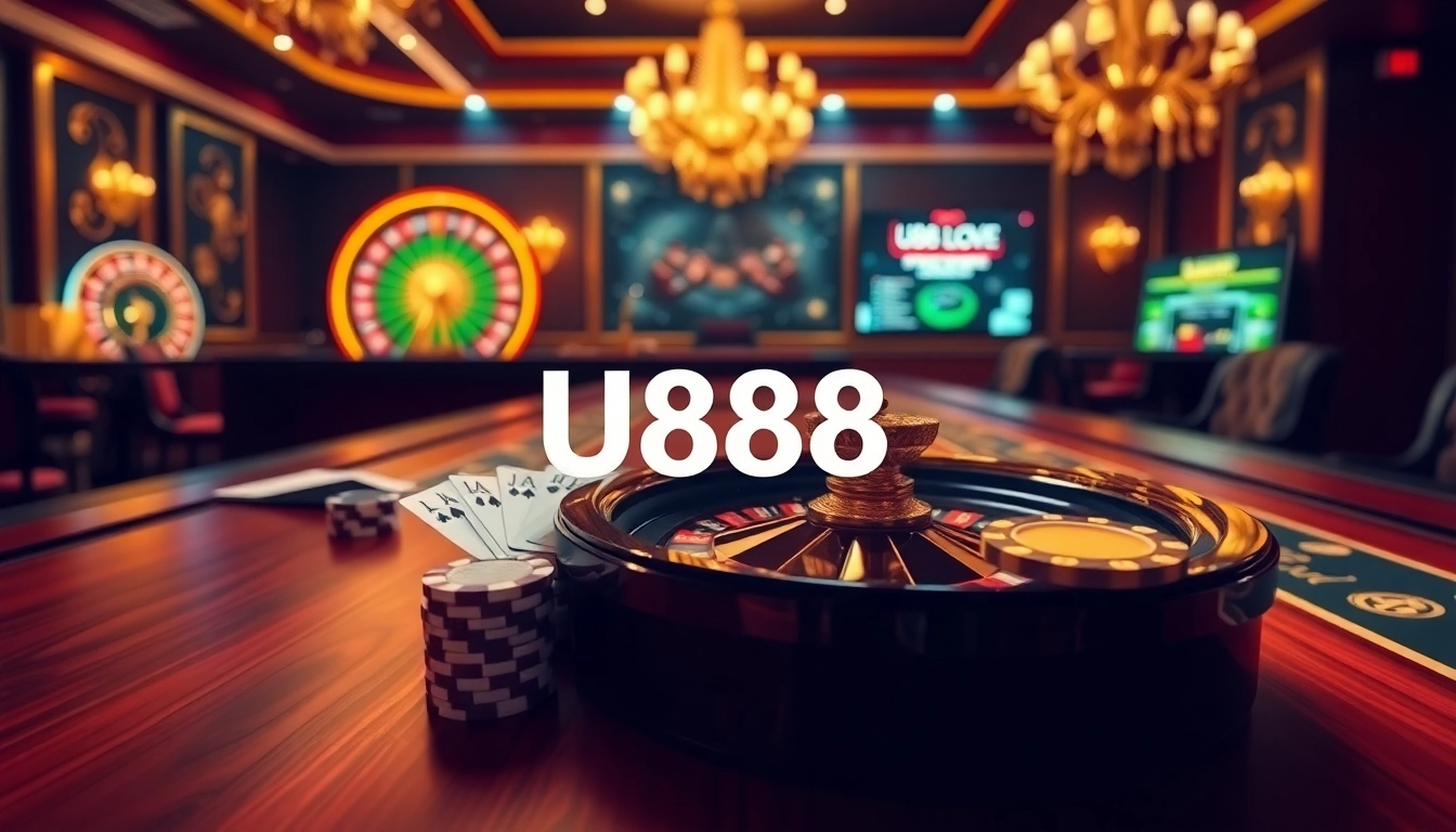 U888 Love showcases an elegant casino scene with a luxurious atmosphere, vibrant roulette wheels, and poker chips.