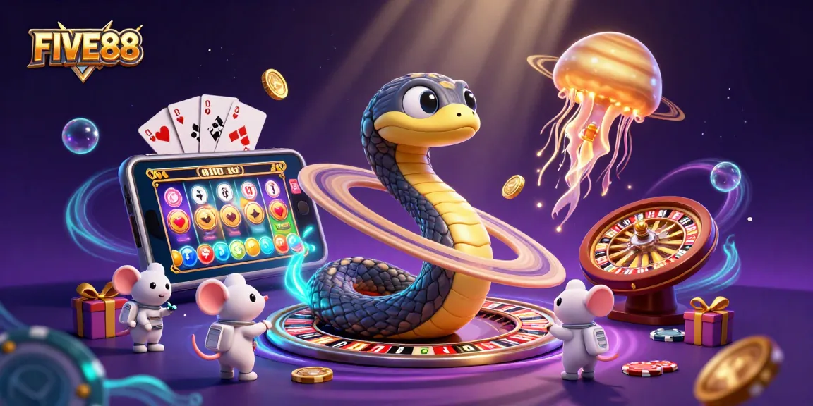 Experience the thrilling gameplay at FIVE88 with astronauts betting and cosmic dealers in a vibrant casino scene.