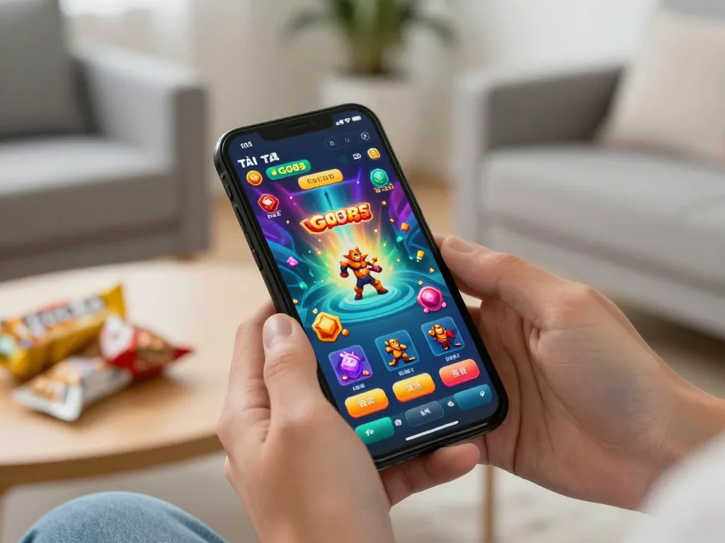 TẢI GO88 app interface on smartphone in a cozy home setting, enhancing mobile gaming experience