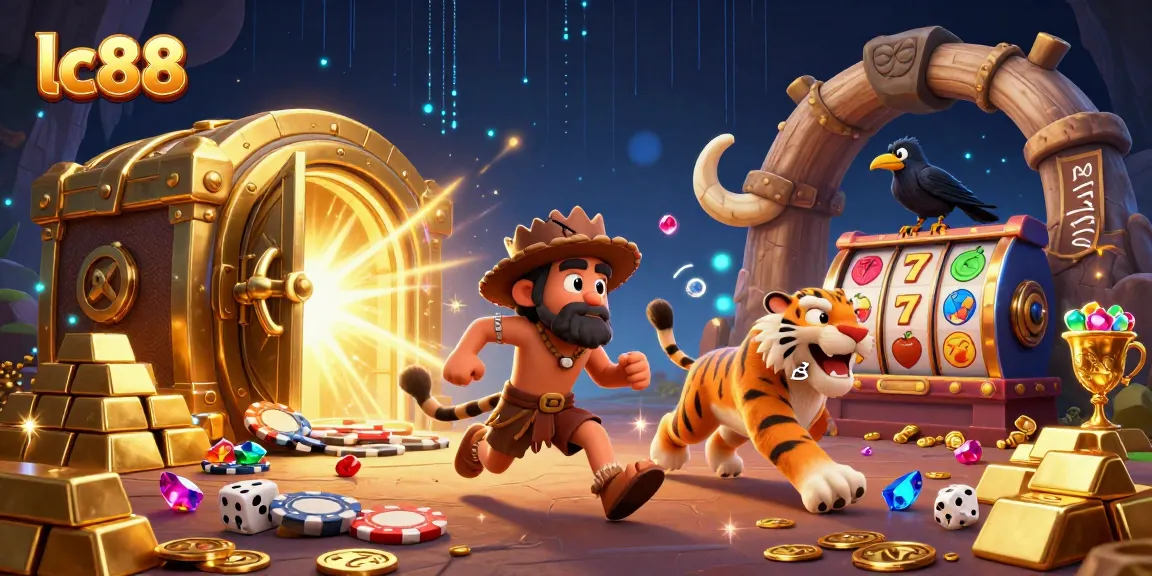Engage with lc88 in this vibrant illustration showcasing a lively prehistoric casino scene filled with treasure and excitement.
