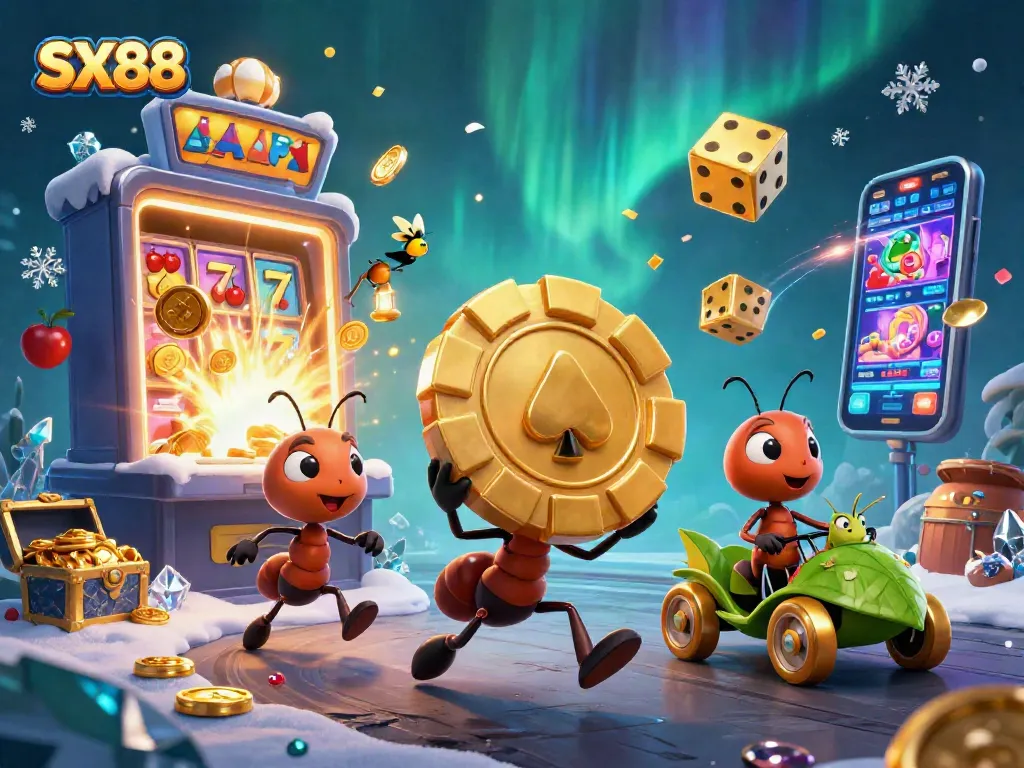 SX88 ants heist scene capturing golden poker chip amidst casino elements.