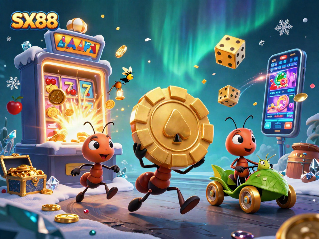 SX88 ants heist scene capturing golden poker chip amidst casino elements.
