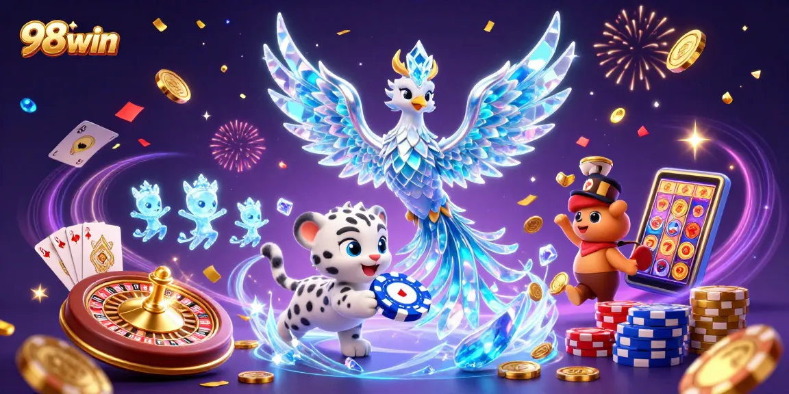 Experience 98win's thrilling casino atmosphere with an ice phoenix, poker chip cub, and sparkling gems.