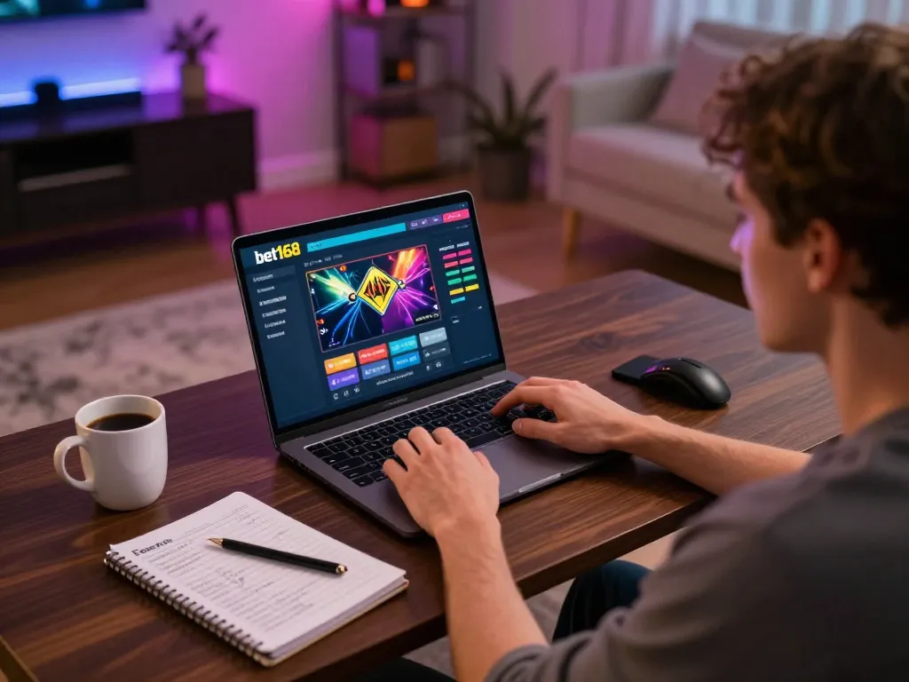 Person engaging with the bet168 online casino on a modern laptop at home, showcasing responsible gaming atmosphere