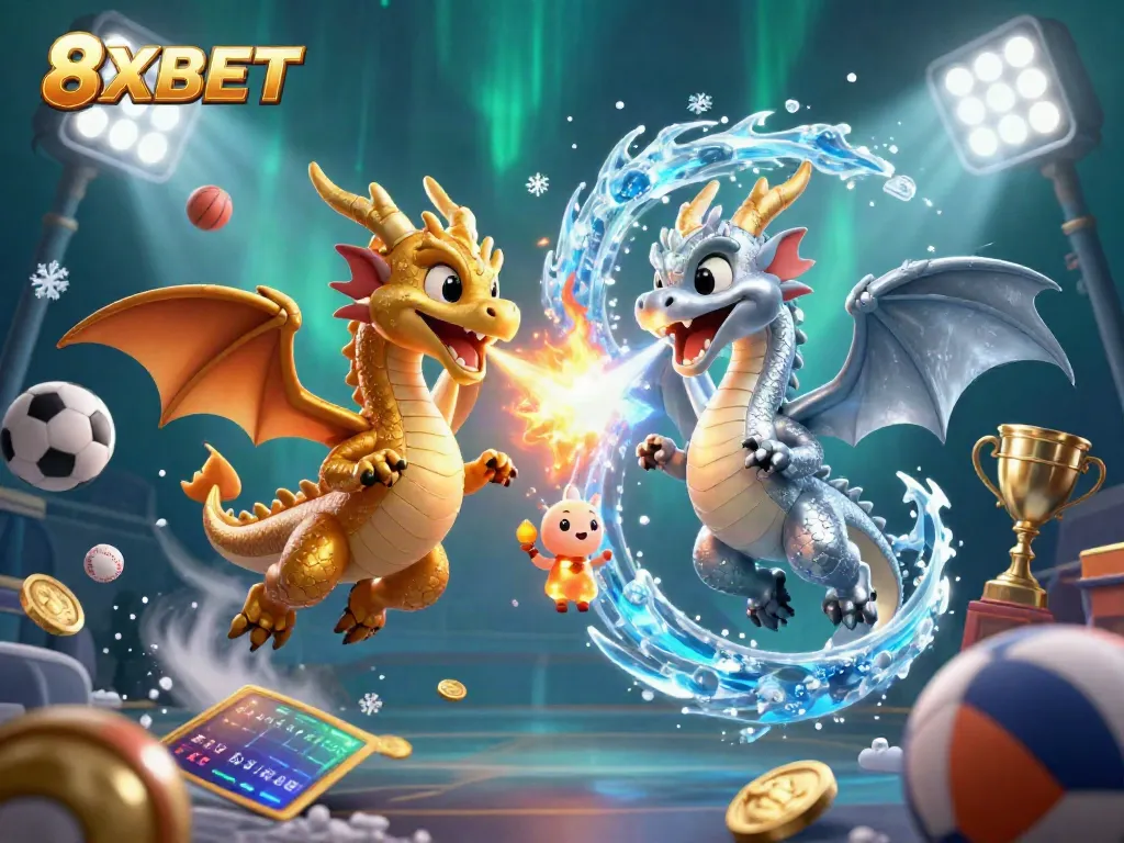Engage with thrilling 8XBET online betting action featuring flying sports balls and dynamic dragons.