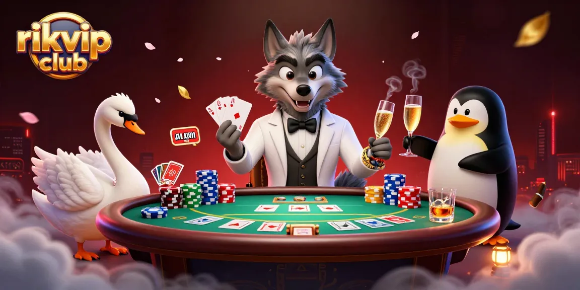 Engage in thrilling game strategies at rikvip club with a lavish baccarat scene featuring unique characters.