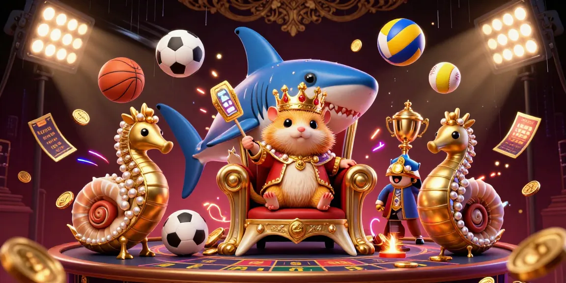 Engage with the bright, dynamic NK88 casino world featuring a golden hamster king amid flying sports elements.