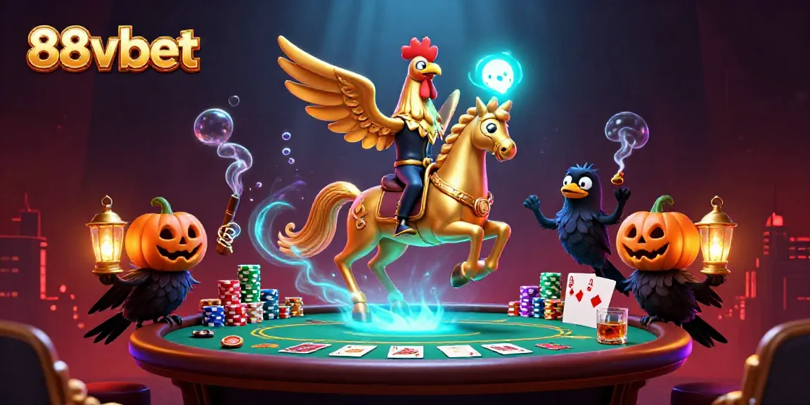 Engage with 88vbet's golden rooster and spectral horse in a thrilling casino scene.
