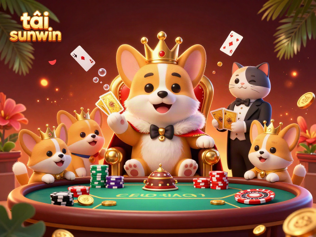 Engage in thrilling games at tải sunwin with this vibrant illustration featuring a royal corgi amidst poker chips and playing cards.