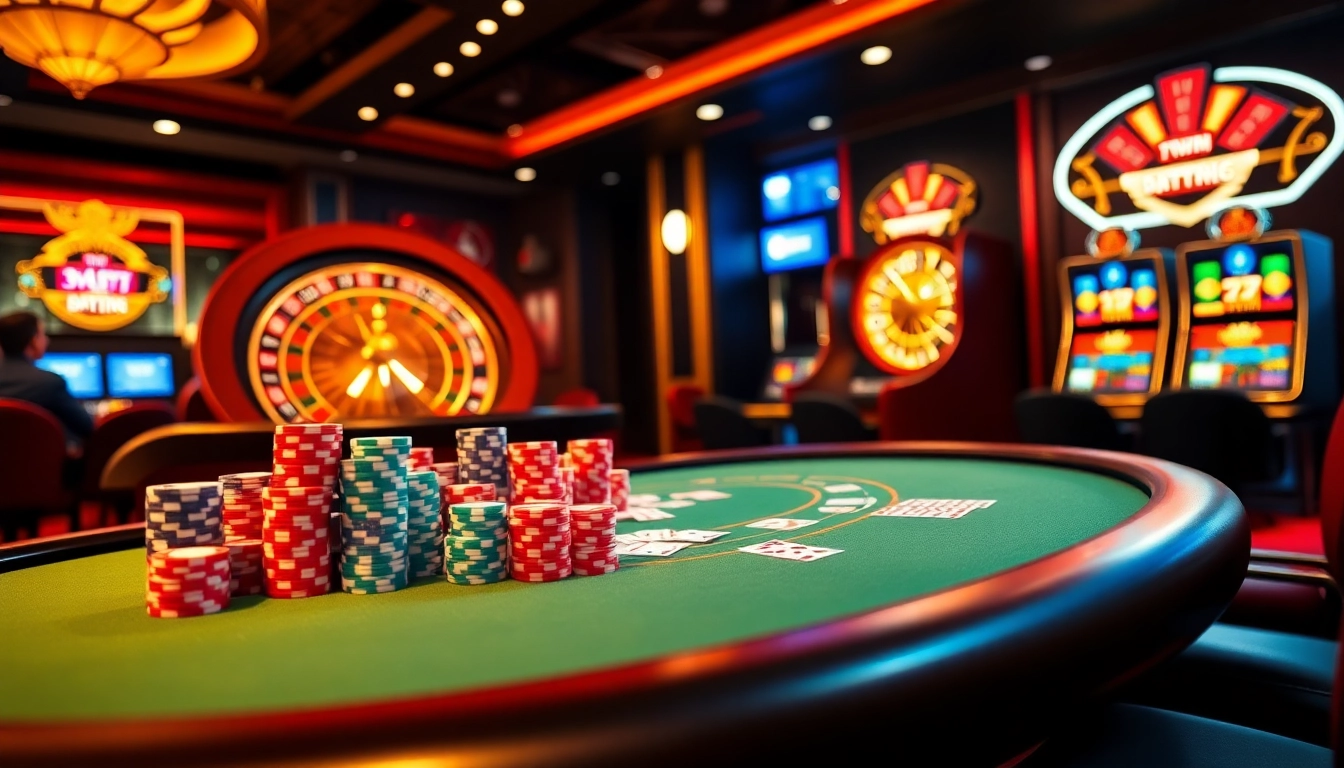 Action-packed casino scene at 13win featuring poker, roulette, and vibrant slot machines.