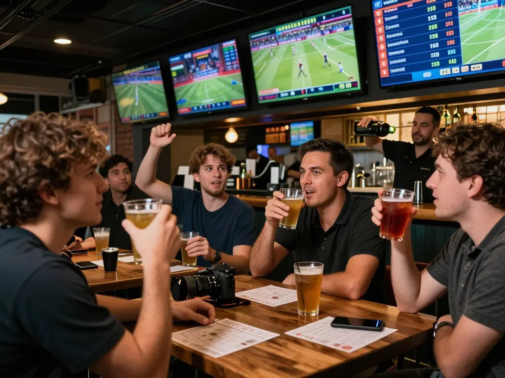 Nohu sports betting excitement at a lively bar with patrons placing bets