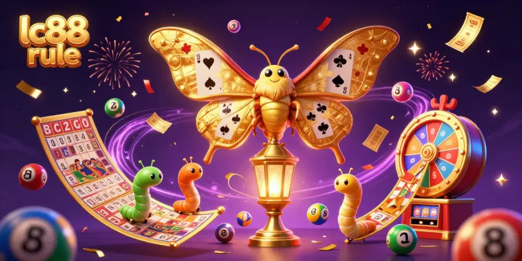 Experience the excitement of lc88 rule with a vibrant 3D casino scene featuring a majestic moth and lottery elements.