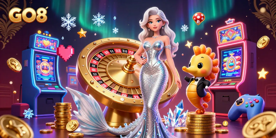 Engage with GO8's vibrant casino world through striking 3D art featuring roulette and playful characters.