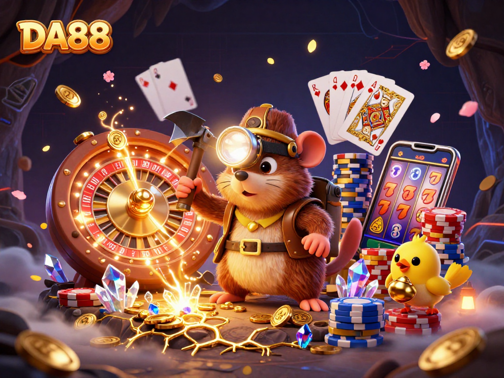 DA88 entertains players with a vibrant mining scene showcasing treasure hunting elements in a rich casino environment.
