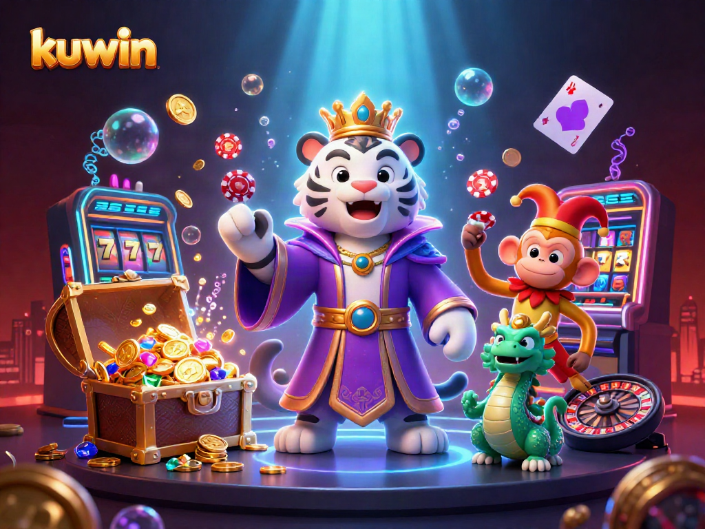 Kuwin's vibrant casino scene showcases a white tiger and a golden monkey amidst slots and cards.