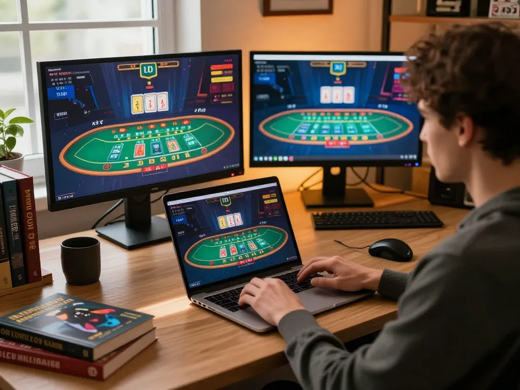 Miso88 players enjoying a live dealer blackjack game on a laptop. Online casino experience.