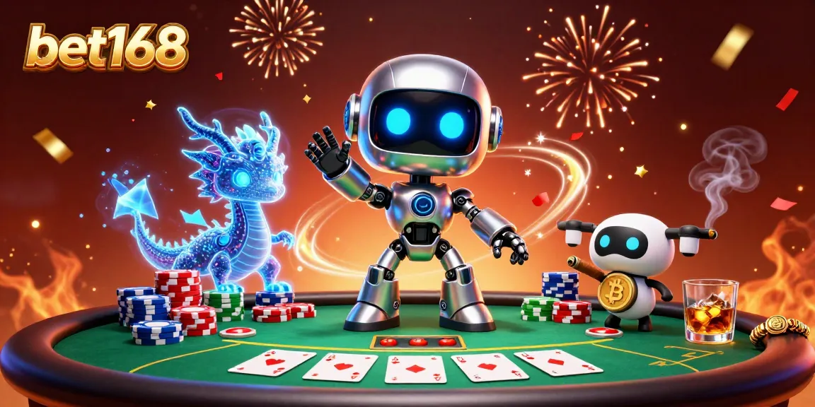 Experience the thrilling world of bet168 with an exciting casino scene featuring robots and poker.