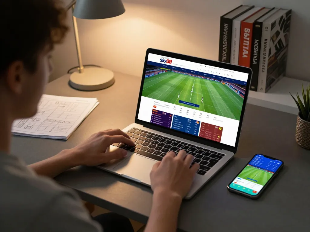 Engaging with sports betting on Website Sky88 with laptop and smartphone, showcasing online gaming.