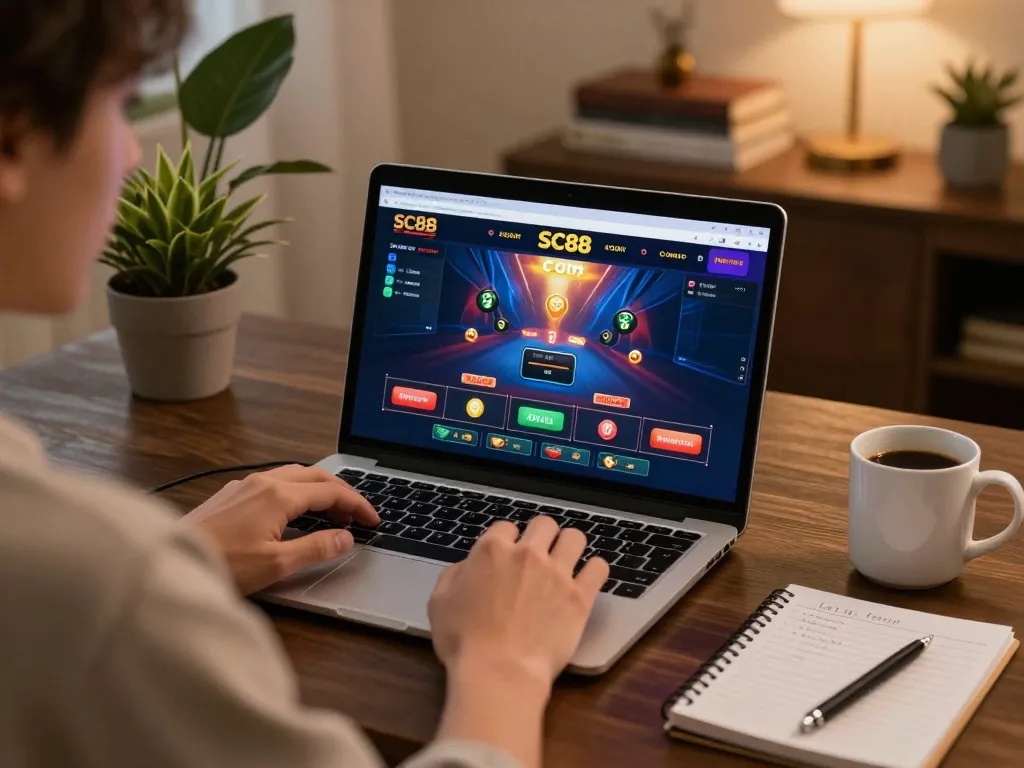 Player engaging with SC88 Com online casino on a laptop in stylish, cozy home environment