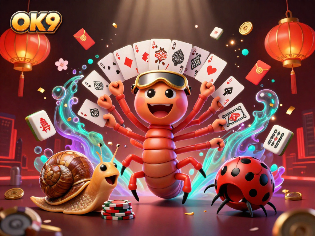 Experience excitement with OK9 characters at a vibrant casino-themed illustration featuring games and luck.