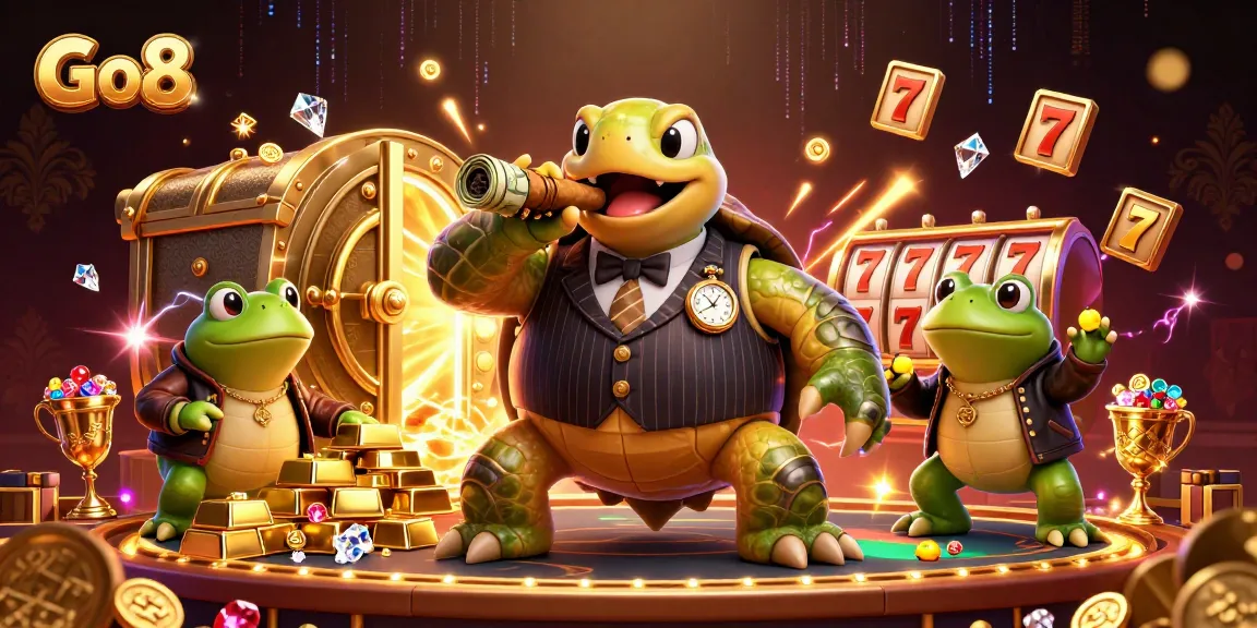 Go8 giant turtle character leads an exciting casino scene with gold treasures and vibrant action.