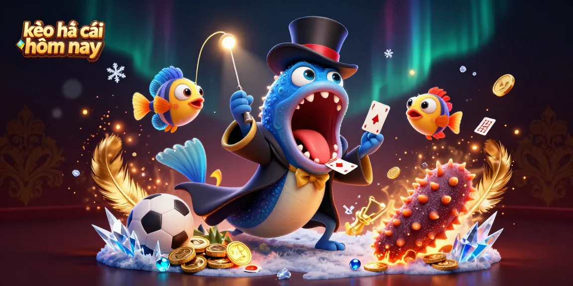 Engage with kèo nhà cái hôm nay as a gulper eel performs card tricks amidst lively sports betting elements.