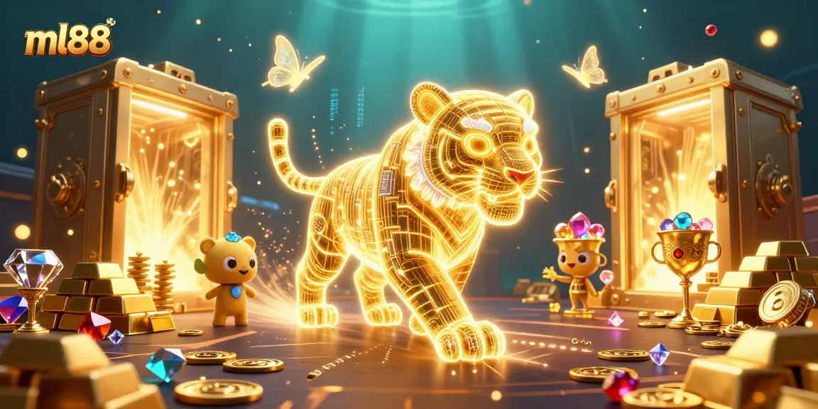 Play exciting casino games with the energetic ml88 golden tiger amidst treasures and holographic butterflies.