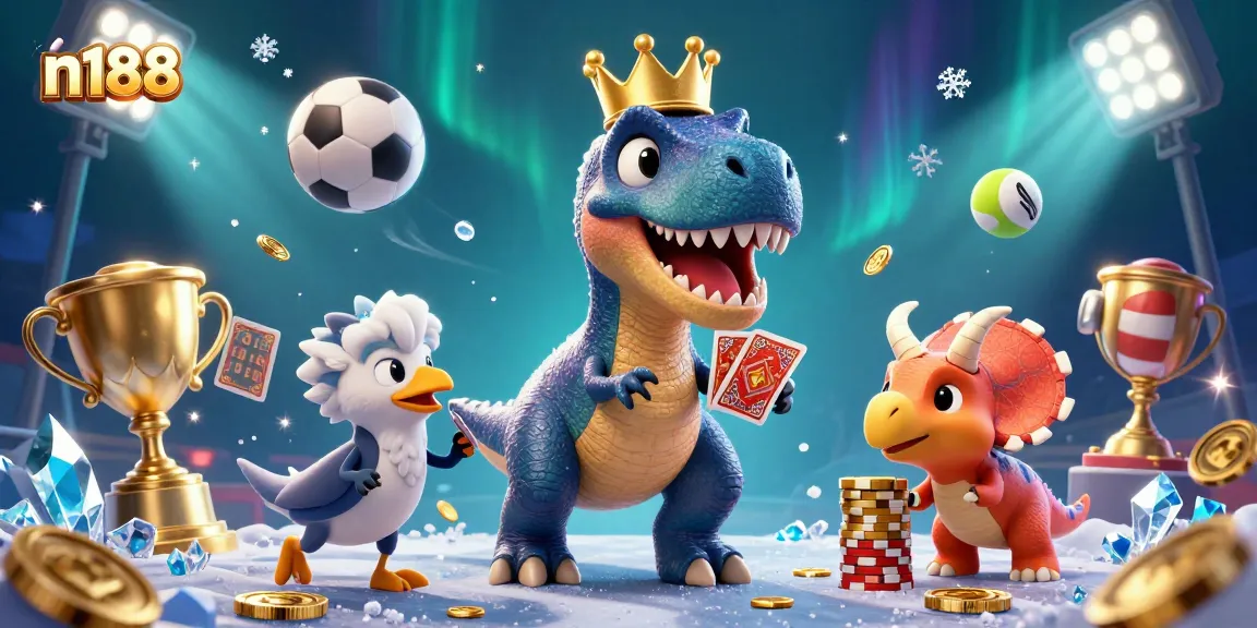 Engage in thrilling game action featuring n188 with dinosaurs and golden casino elements