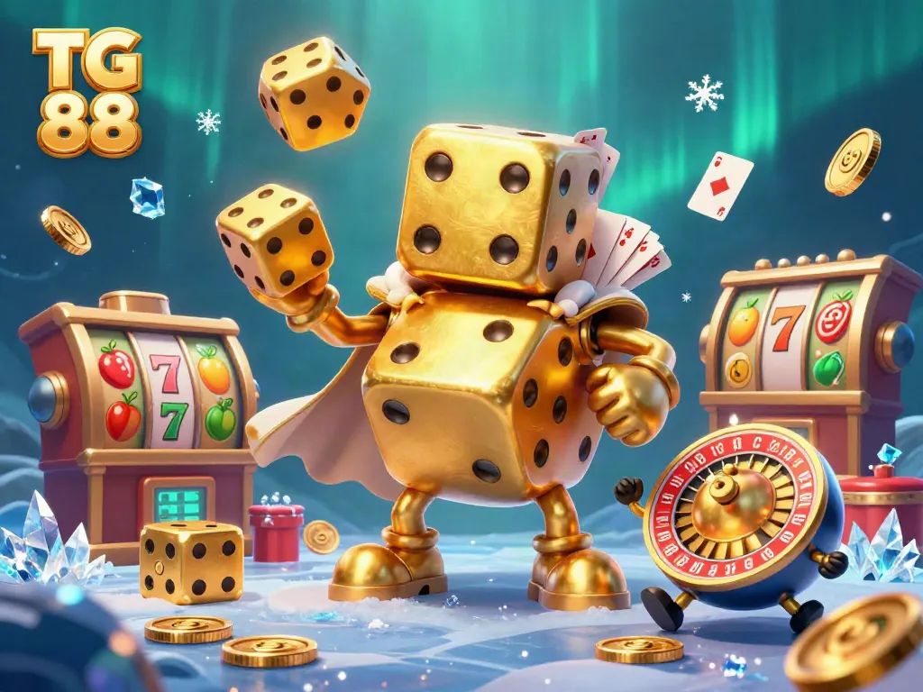 Engage with TG 88 in a vibrant casino scene featuring golden dice, slot reels, and energetic elements.