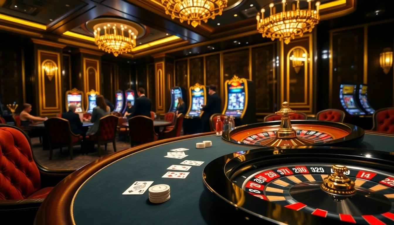 KM88 VIP patrons enjoying high-stakes poker and roulette in an elegant casino setting.