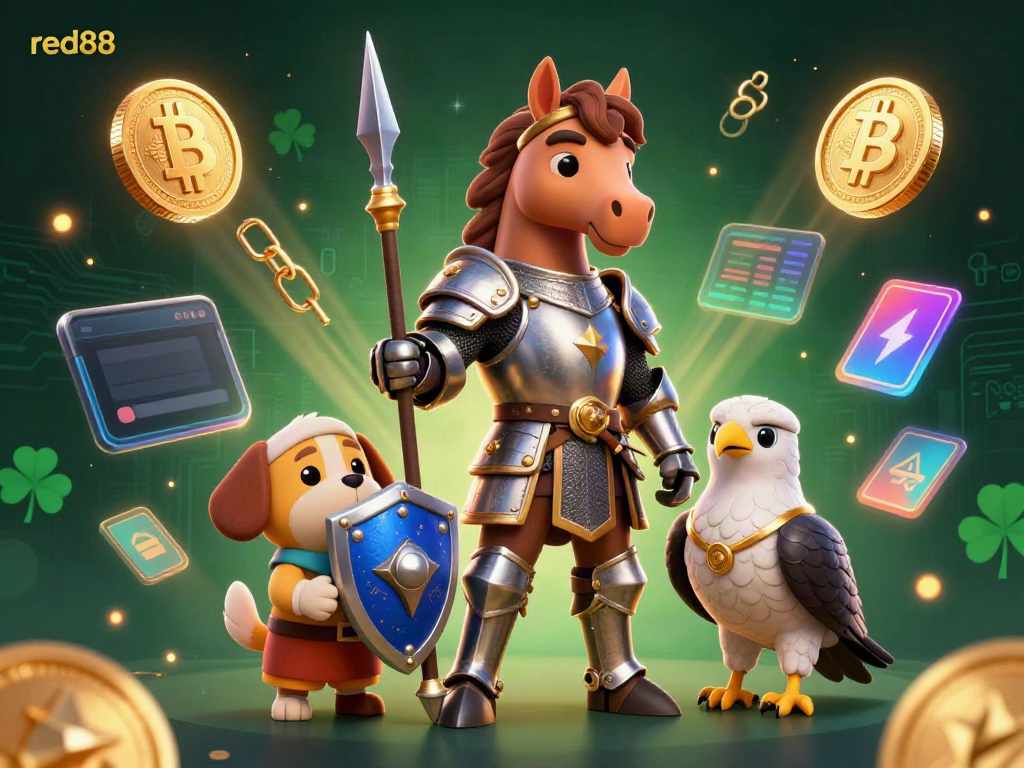 Experience the excitement at red88 with a medieval knight, squire puppy, and falcon amid crypto elements.